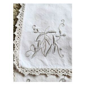 Hand Embroidered Beige Taupe Cotton Vintage Crochet Edges Set Of 8 Napkins Retro